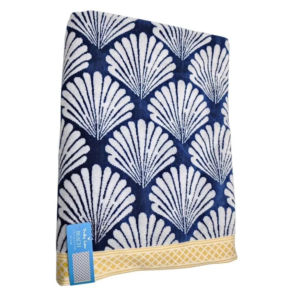 Truly Lou Beach Towel Shannon Shell Blue White Cotton 36x68 Pool Spa Absorbent